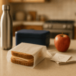 Glassine sandwich bags with a dry turkey & cheese sandwich on a kitchen island — semi-translucent, grease-resistant, plastic-free