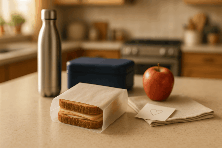 Glassine sandwich bags with a dry turkey & cheese sandwich on a kitchen island — semi-translucent, grease-resistant, plastic-free