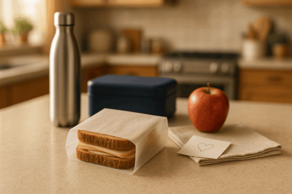 Glassine sandwich bags with a dry turkey & cheese sandwich on a kitchen island — semi-translucent, grease-resistant, plastic-free