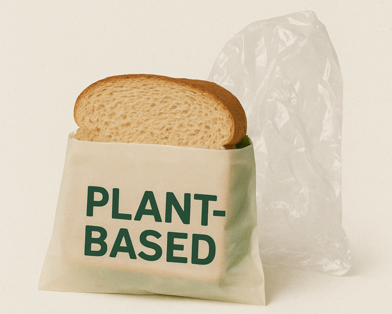 Slice of bread in a lunch bag labeled “PLANT-BASED,” with a crumpled clear bag in the background.