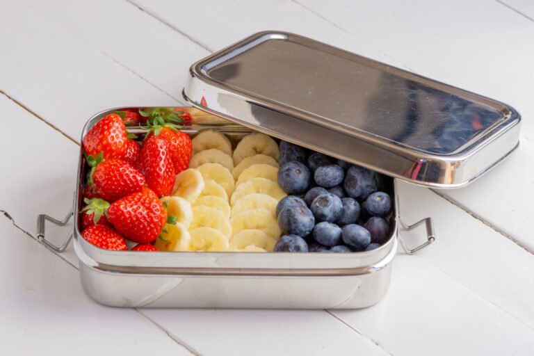 Stainless snack container with steel body and lid; thin silicone gasket visible under the lid