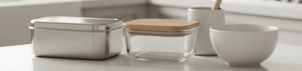 Plastic-free kitchen items on counter—stainless lunchbox, glass container with bamboo lid, white ceramic bowl, and silicone spatula.